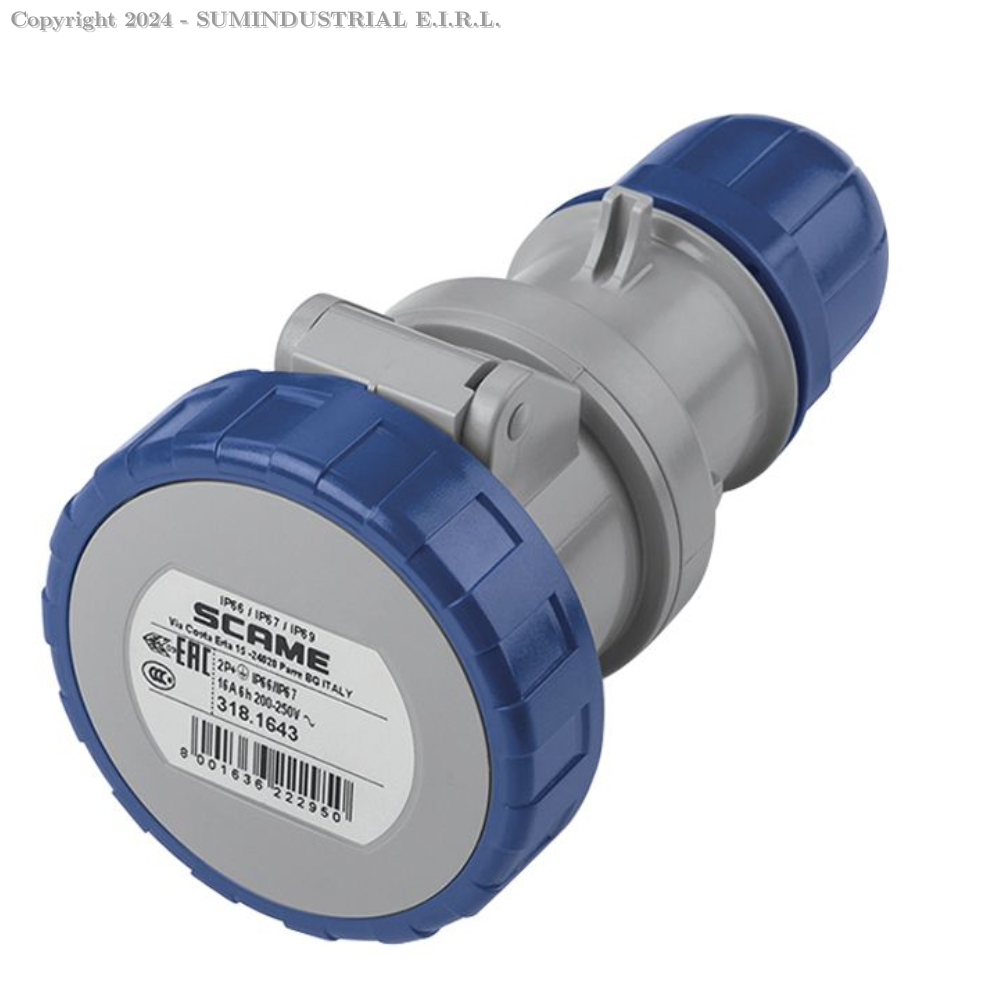 TOMACORRIENTE AÉREO INDUSTRIAL 2X16A+T 250V IP67 6H OPTIMA, MOD 318.1643, SCAME
