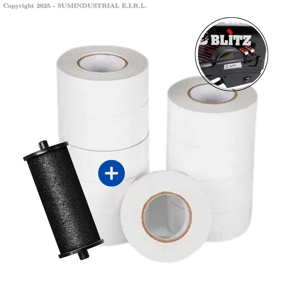 PAQUETE DE 10 ROLLOS DE ETIQUETAS PARA CODIFICADORA BLITZ 16MM X 22MM BLANCAS CADA ROLLO X 1000 UNDADES 647